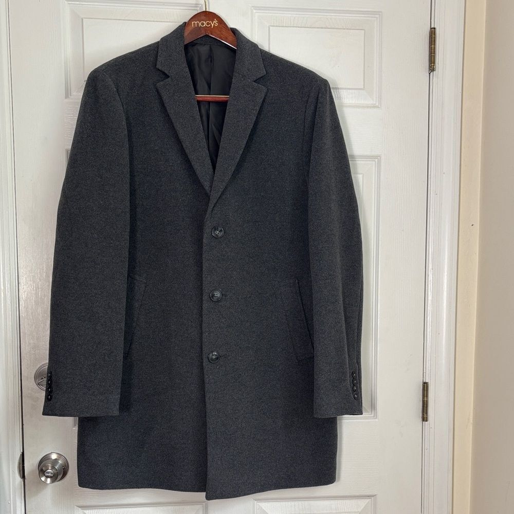 CALVIN KLEIN Slim Fit gray wool blend long jacket 44L peacoat 3 button long coat